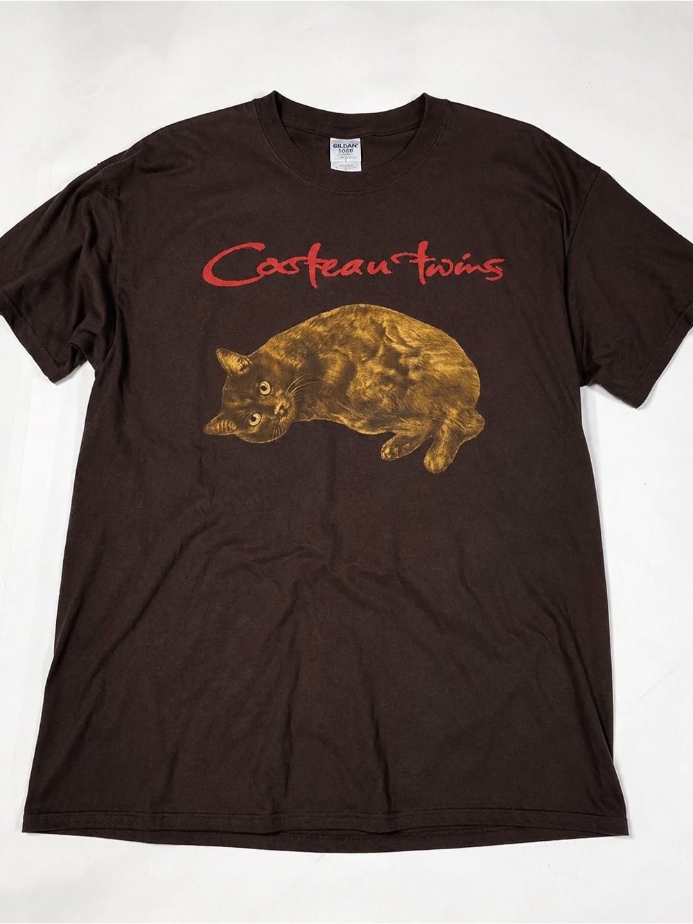 Gildan Brown Short Sleeve Tee with Yellow Cat and Red Script